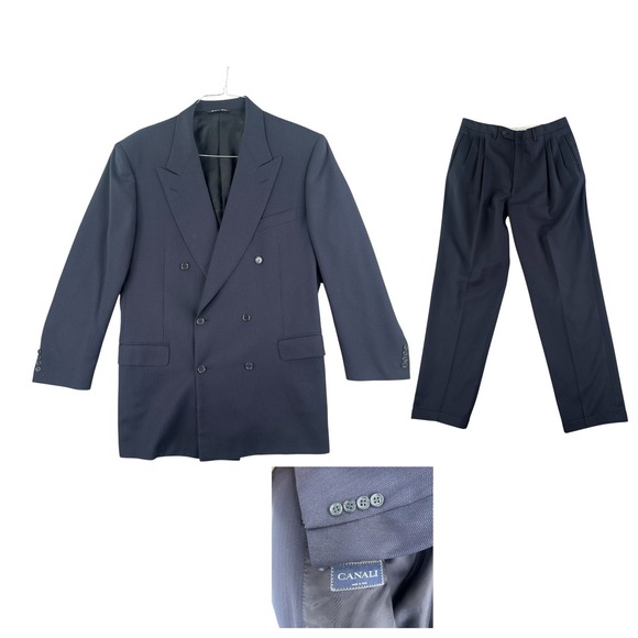 Canali Suit Men's EU 54L US44 L Double Breasted Blue Herringbone Wool Two Piece - Picture 1 of 16